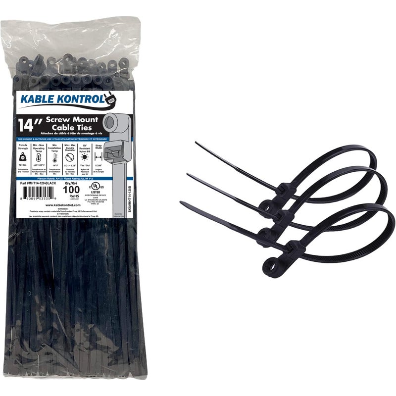 Kable Kontrol Zip Ties with Screw Hole, 14 Inch 100 Pcs Black, 120 Lbs. Tensile Strength, Self-Locking, Multipurpose Mounting head Cable Ties for Indoor & Outdoor Use - Image 1